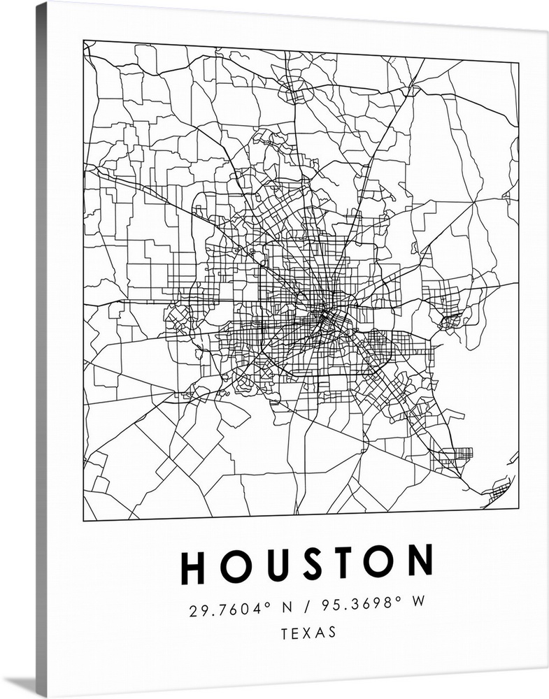 Black and white minimal city map of Houston, Texas, USA with longitude and latitude coordinates.