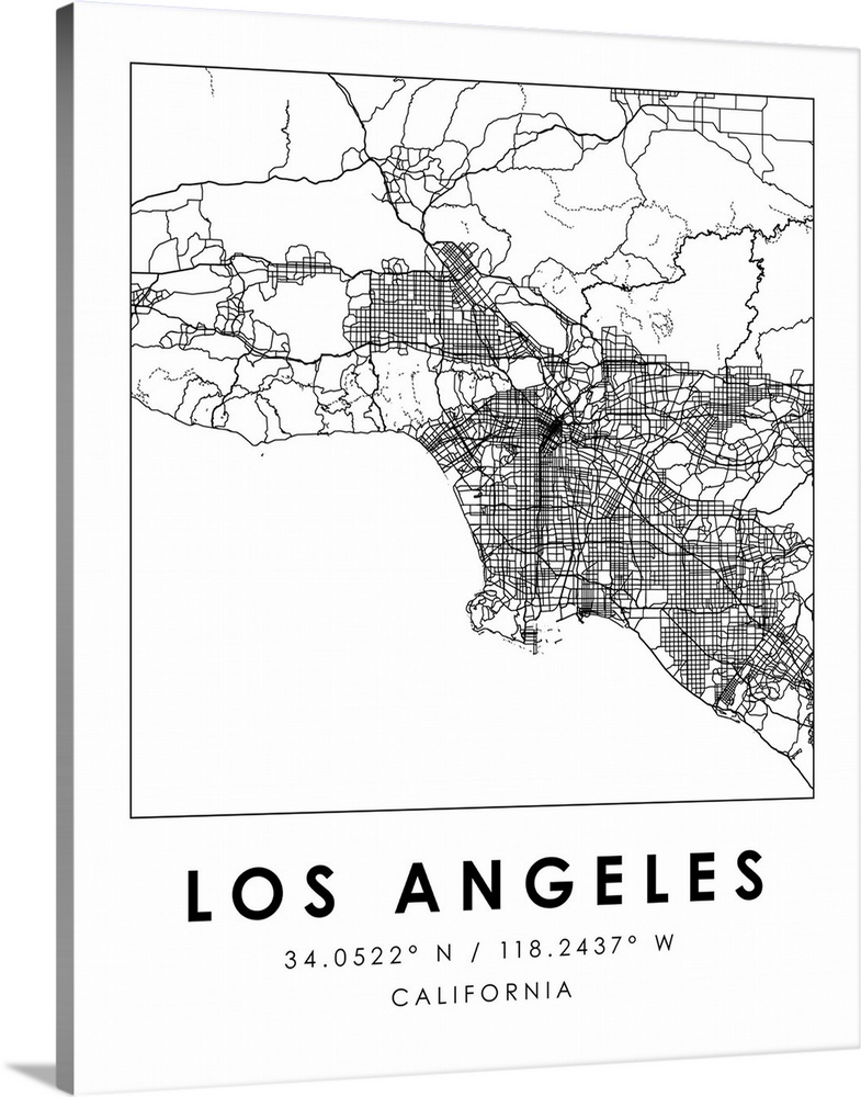 Black and white minimal city map of Los Angeles, California, USA with longitude and latitude coordinates.