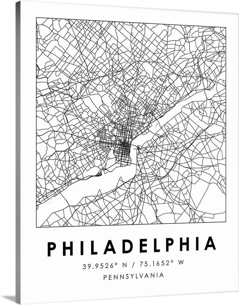 Black and white minimal city map of Philadelphia, Pennsylvania, USA with longitude and latitude coordinates.
