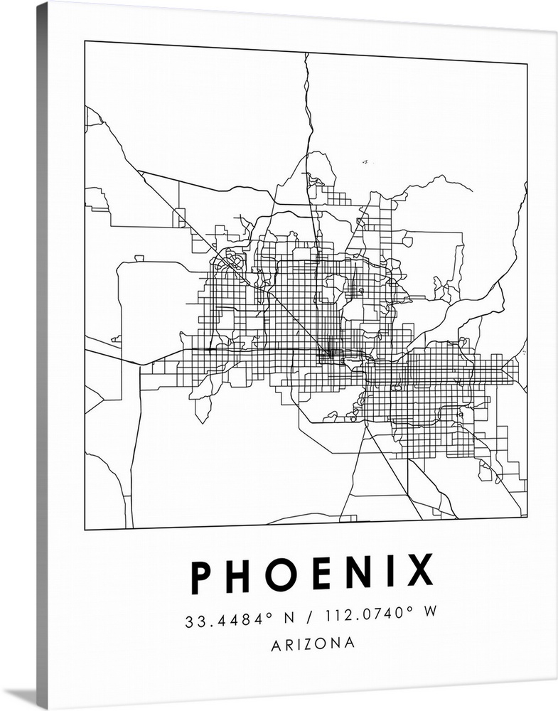 Black and white minimal city map of Phoenix, Arizona, USA with longitude and latitude coordinates.