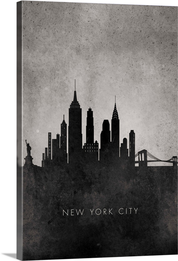 Vertical oversized art of a digitally rendered, minimalist silhouette of the New York City skyline, surrounded by cloudy a...