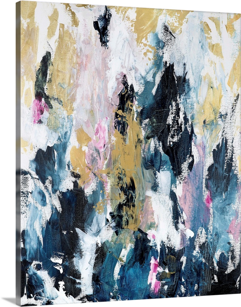 Vertical complementary abstract in short, textured, vertical strokes of blue, pink and gold.