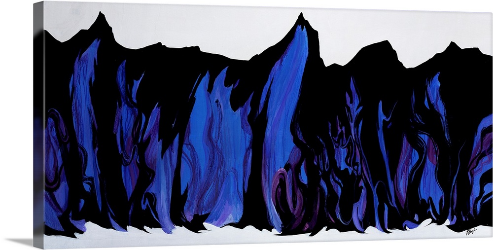 Abstract artwork painting of rhythmic folds done in rich blue tones.