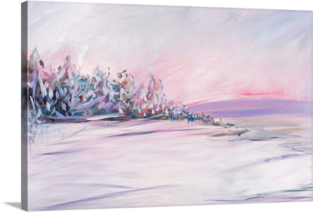 Contemporary landscape painting of a snow-covered field with trees lining the edge.