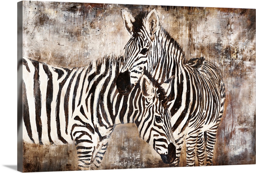 Contemporary portrait of two zebras embracing in front of an earth-toned background.
