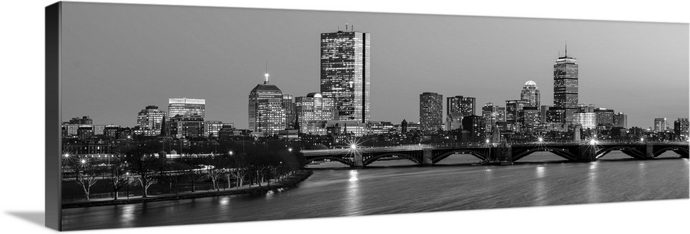 Boston City Skyline At Night Black And White