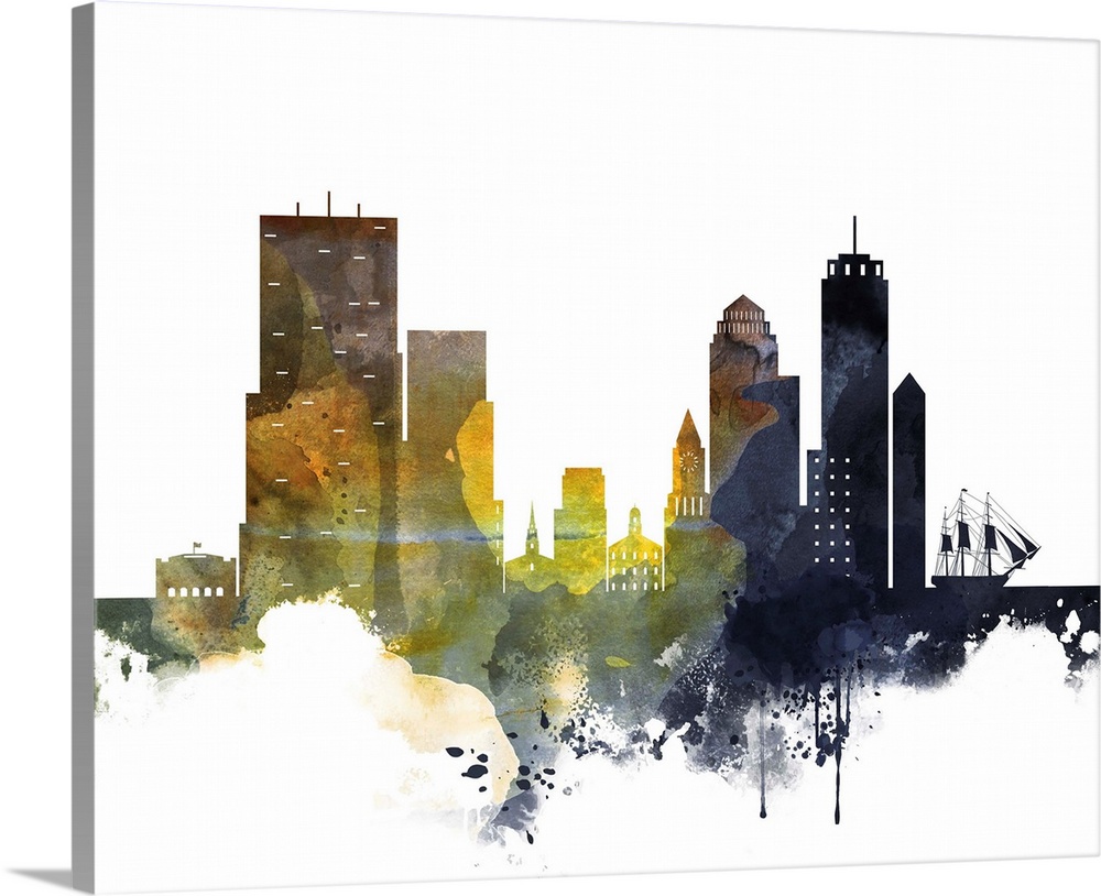 The Boston city skyline in colorful watercolor splashes.