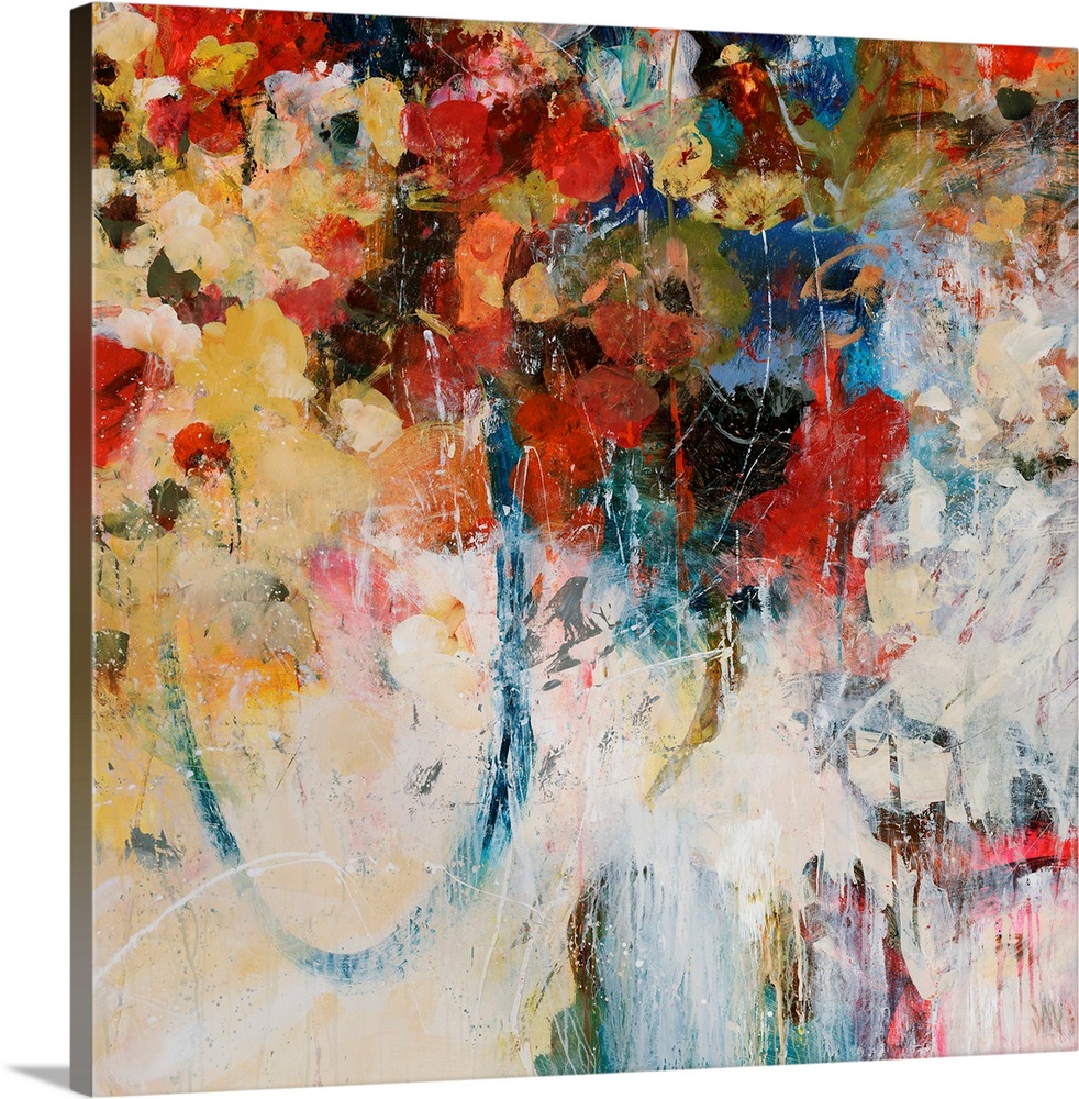 Abstractly painted square canvas with different flowers painted in the top portion and faded color splashes at the bottom.