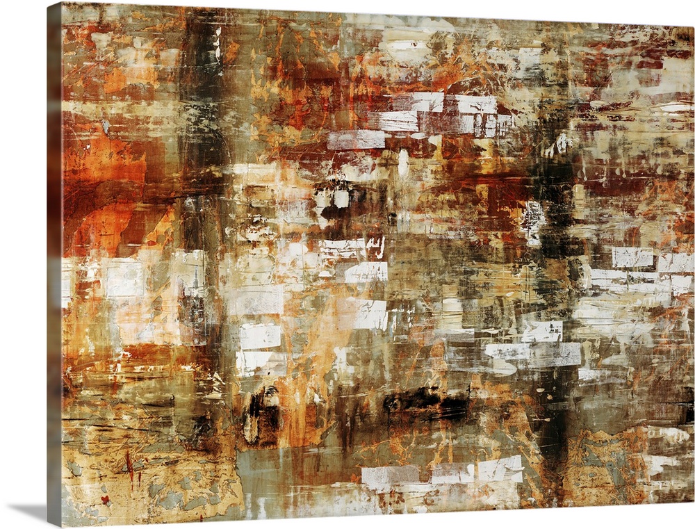 Grungy abstract painting of various earth toned colors on canvas.