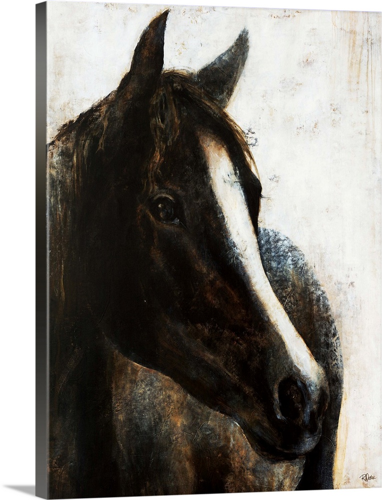 Contemporary painting of a black horse with a bold white stripe from it's forehead down to it's nose.