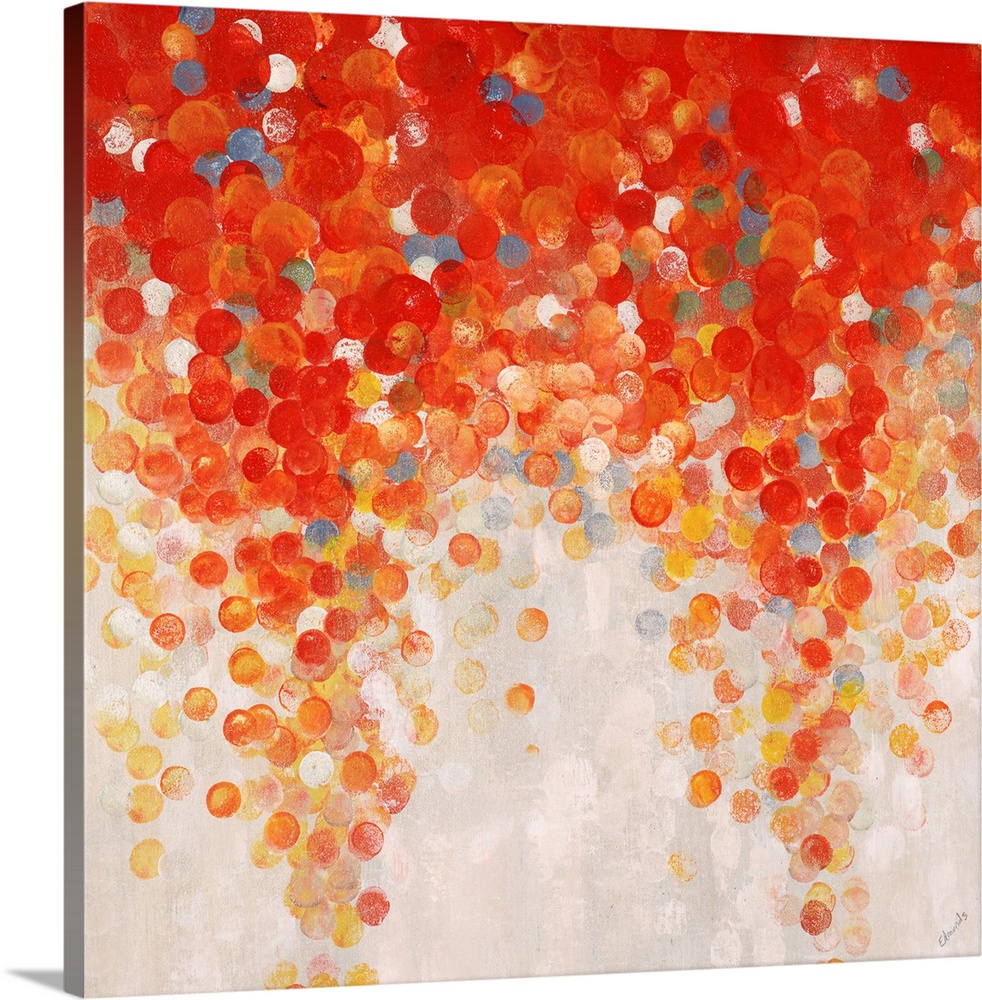 Abstract painting of a large cluster of gumballs in warm tones that appear to be raining downward, on a light neutral back...