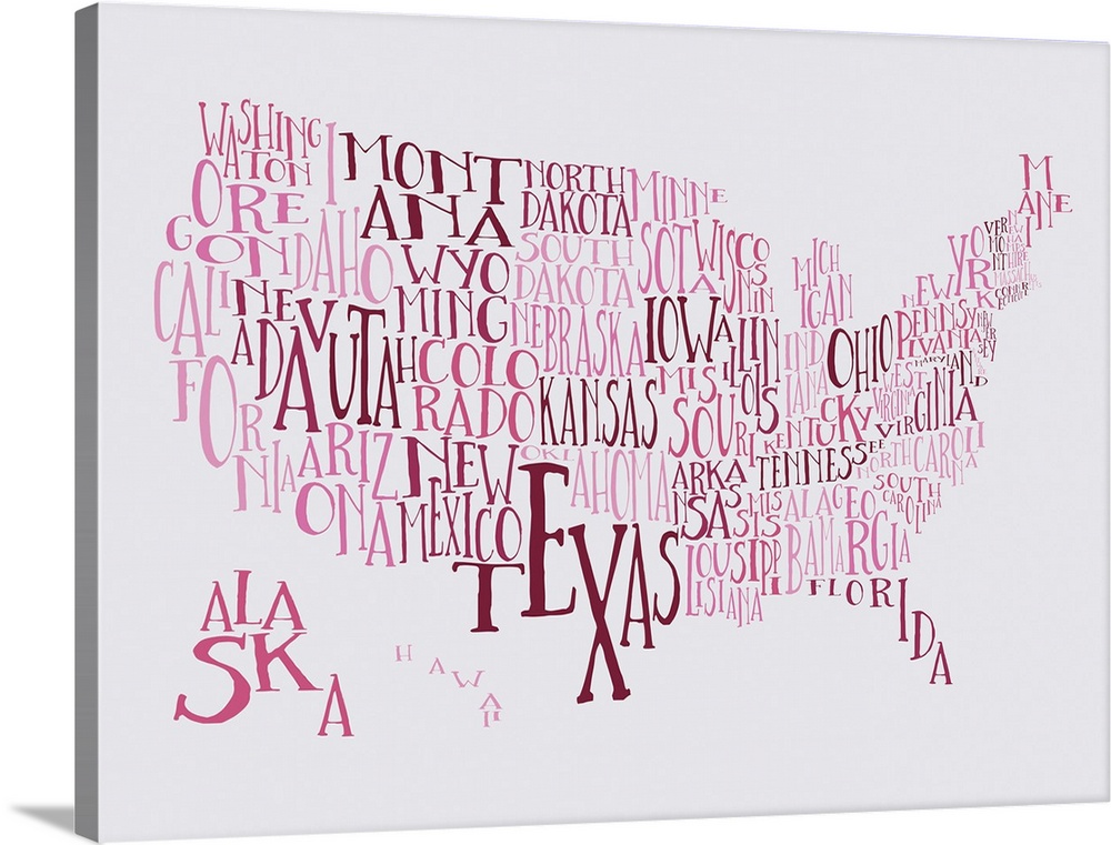 A hand-drawn typography map of the United States with all the state names, in pink and red.