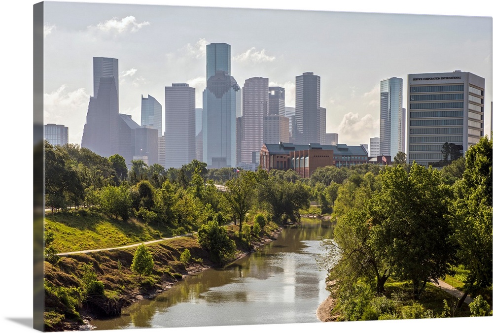 Photograph of the Houston TX skyline viewed from Buffalo Bayou Park.