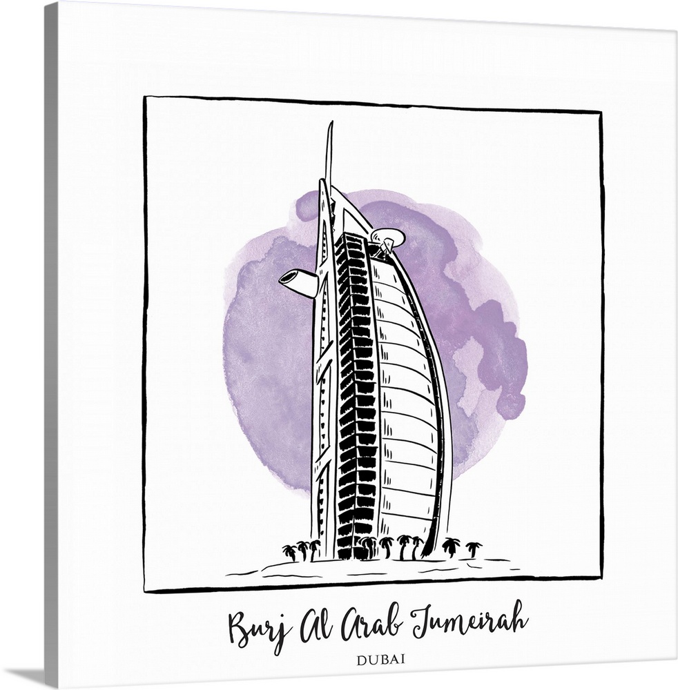 An ink illustration of the Burj Al Arab in Dubai, United Arab Emirates, with a lavender watercolor wash.