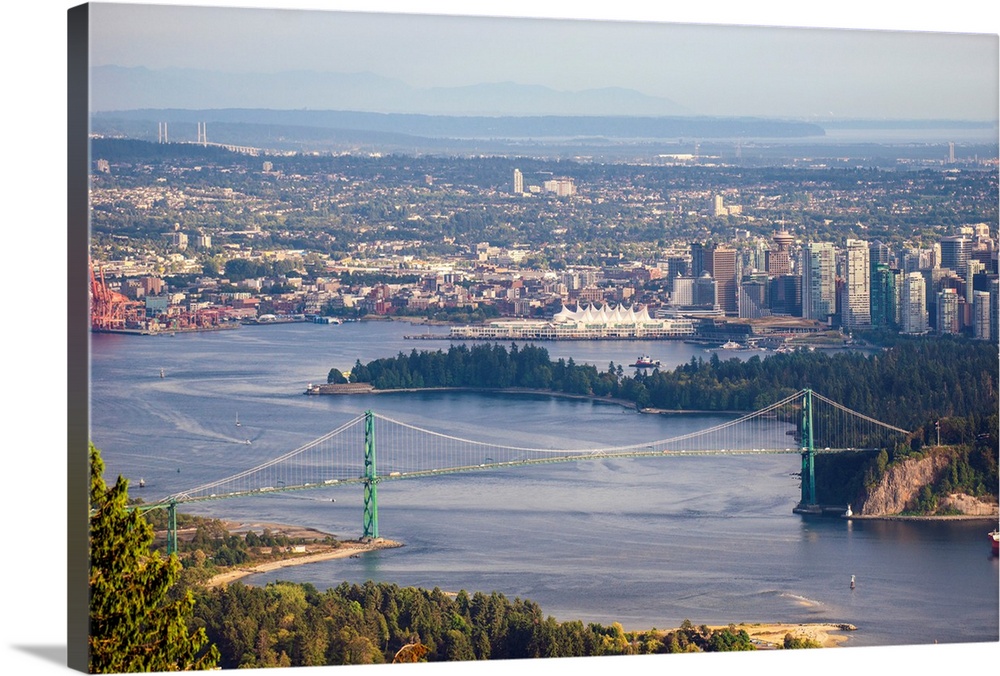 Aerial view of Burrard Inlet and Lions Gate Bridge in Vancouver, British Columbia, Canada.