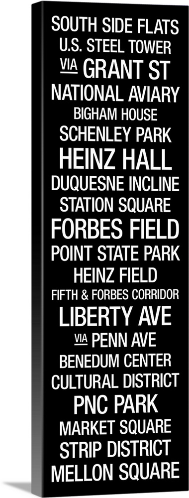 Vertical panoramic typographic design describing a popular U.S. city.  Notable landmarks in the city include Heinz Hall, F...