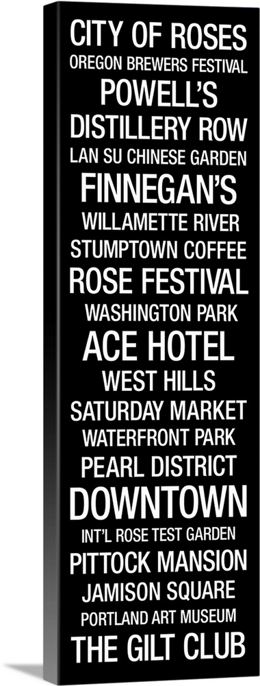 Bus Roll style text highlighting roads, buildings, and festivals that can be found in Portland, Oregon.