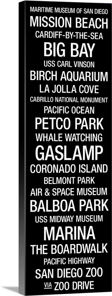 Vertical panoramic artwork of typographic design that includes landmarks of popular west coast city.