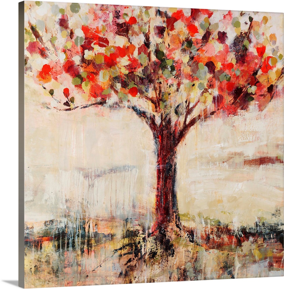 Abstract landscape painting feature a tree done in vibrant, candy-like colors.