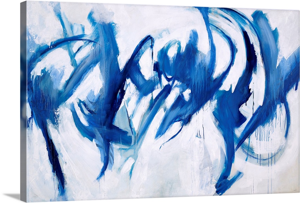 Abstract painting of royal blue paint splashes and swipes as if to give the appearance of figures dancing.