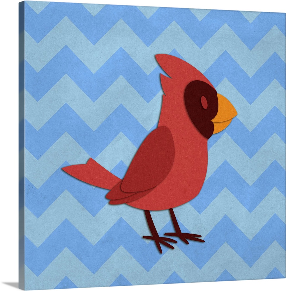 A red Cardinal with the appearance of cutout paper on a blue chevron-patterned background.