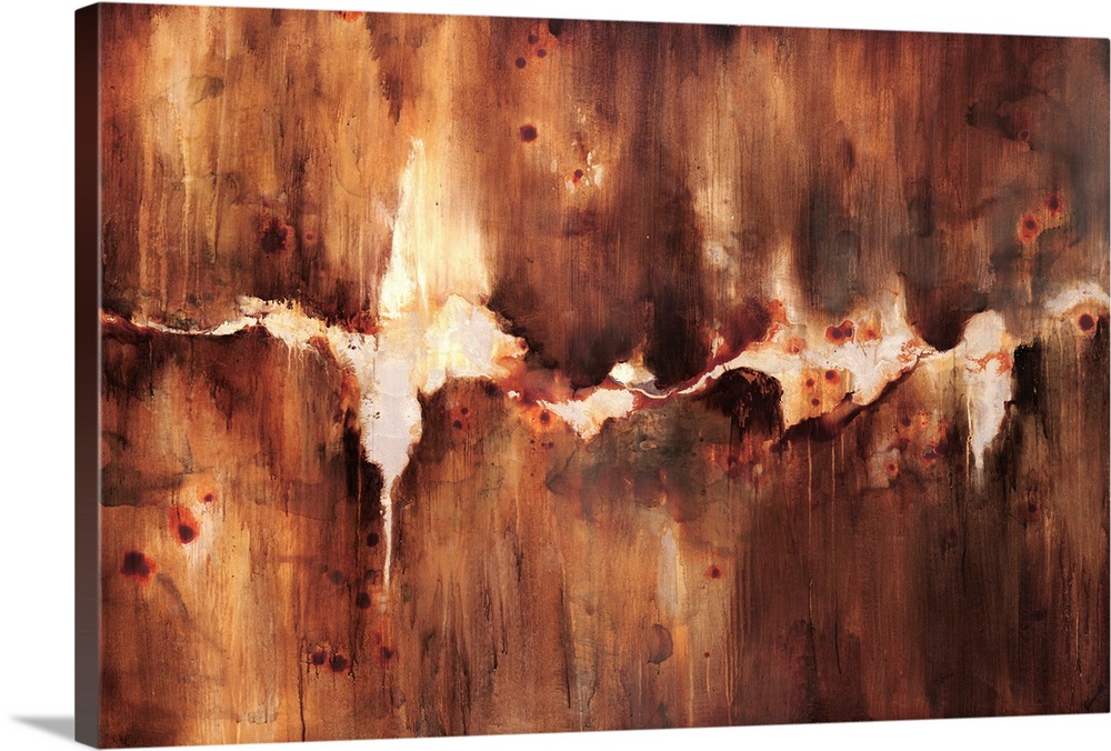 Abstract artwork that is rust colored with a crack through the middle with an off white background showing.
