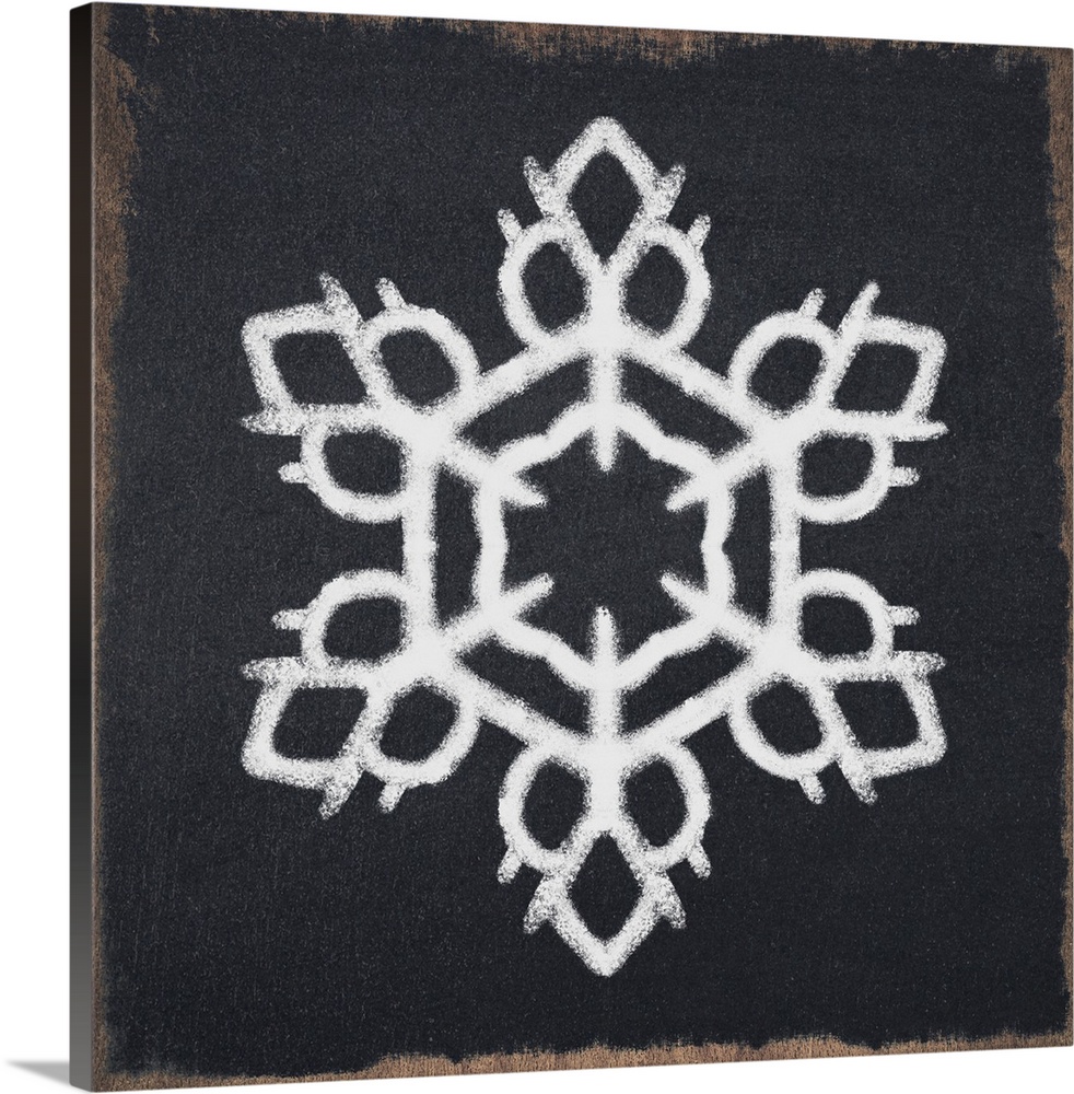 Square illustration of a white snowflake on a black chalkboard background.