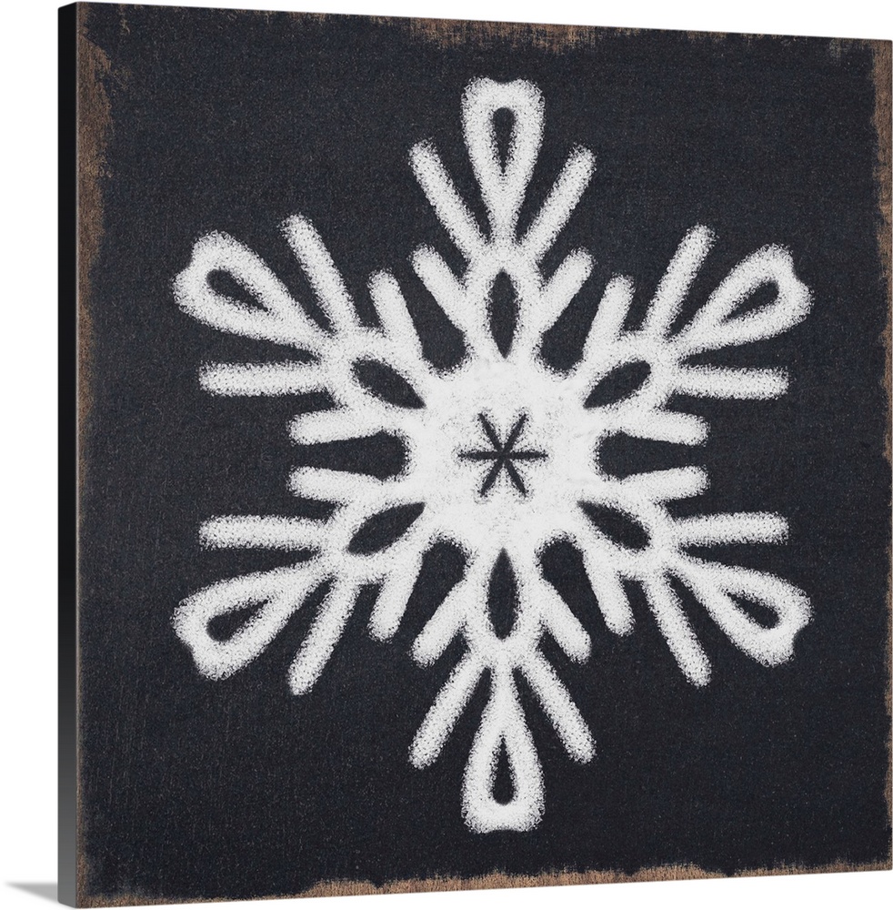 Square illustration of a white snowflake on a black chalkboard background.