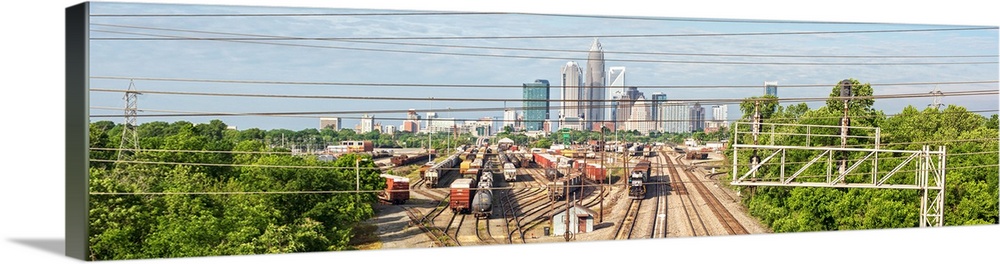 A freight train leaving the city of Charlotte, North Carolina.