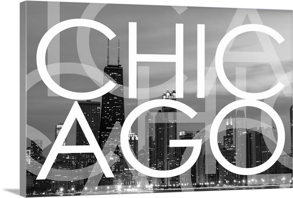 Multi-exposure typography art against a photograph of the Chicago city skyline.