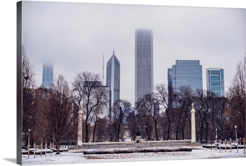 View of Chicago skyline from Grant Park with Abraham Lincoln Statue.