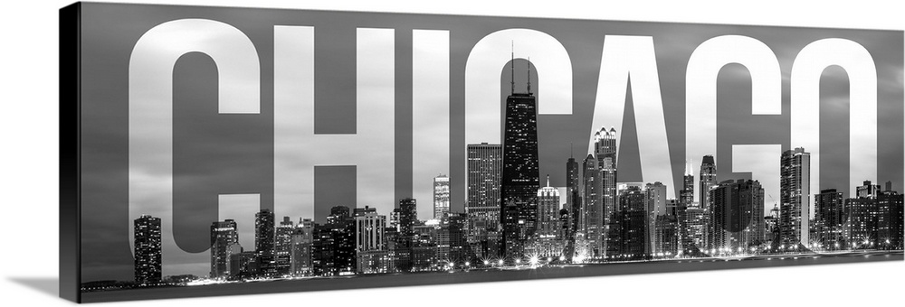 Transparent typography art overlay against a photograph of the Chicago city skyline.