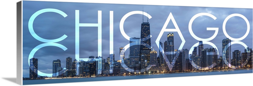 Transparent mirrored typography art against a photograph of the Chicago city skyline.