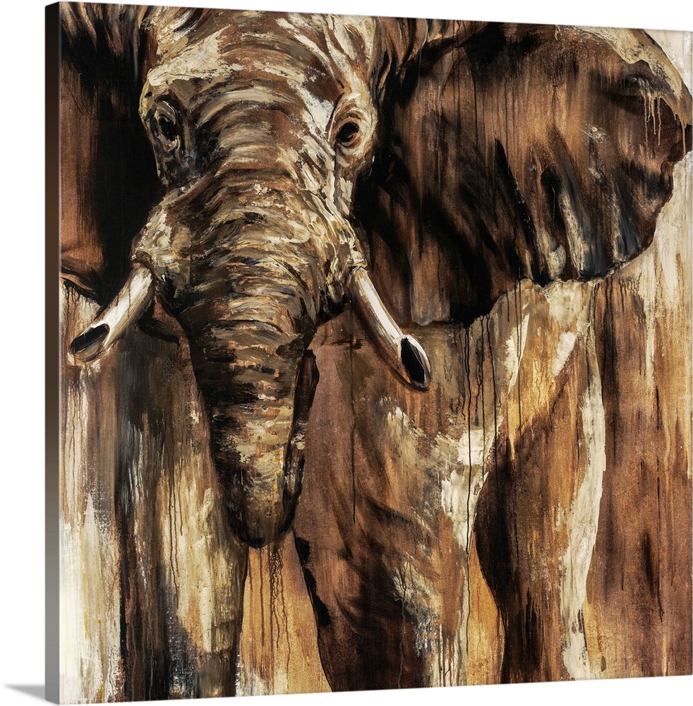 Up-close contemporary painting of elephant with streaks of running paint.