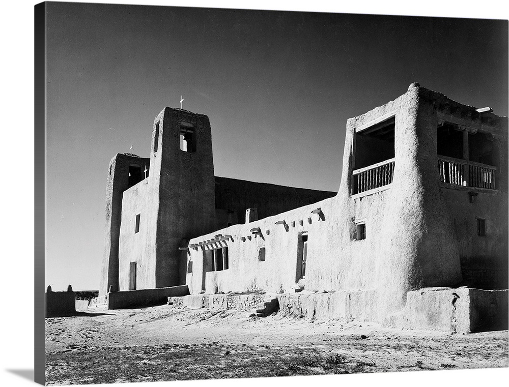 Church, Acoma Pueblo, corner view showing mostly left wall.
