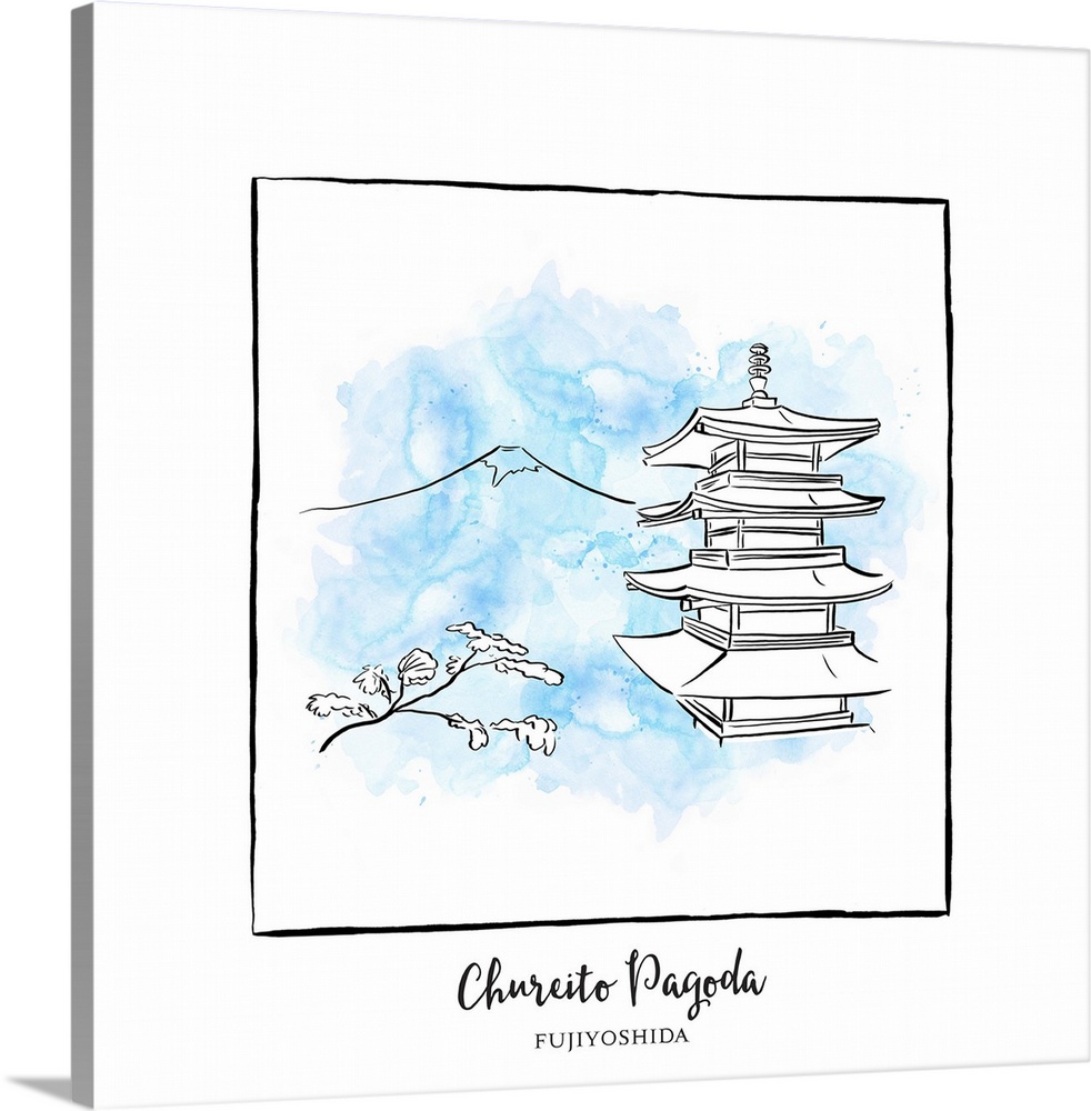 An ink illustration of the Chureito Pagoda, Fujiyoshida, Japan, with a light blue watercolor wash.
