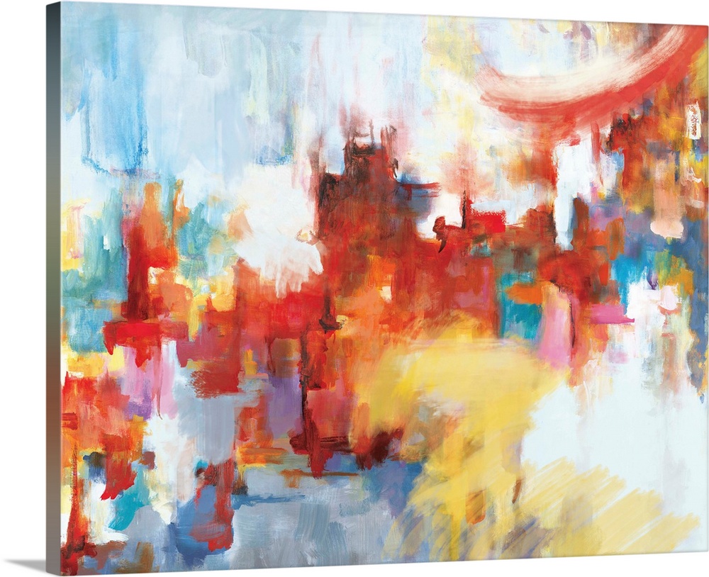 A contemporary abstract painting using mostly warm colors with cool tones shining through like city lights through building.