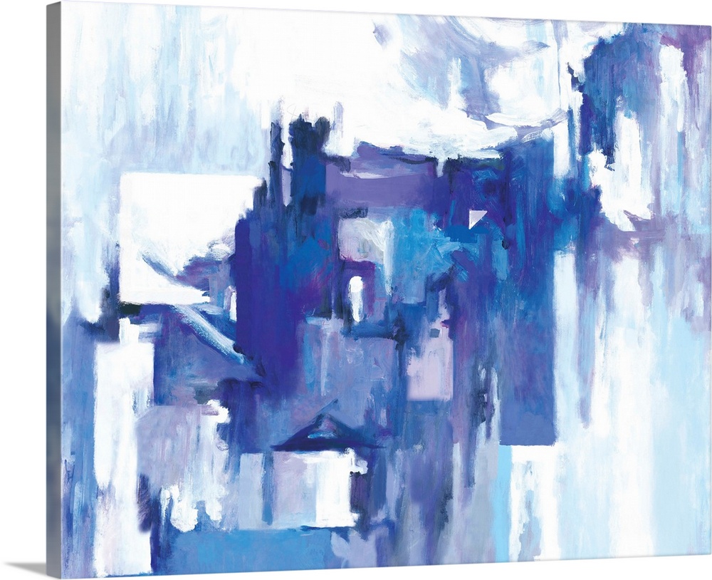 Contemporary abstract art with angular shapes in blue and lavender shades.