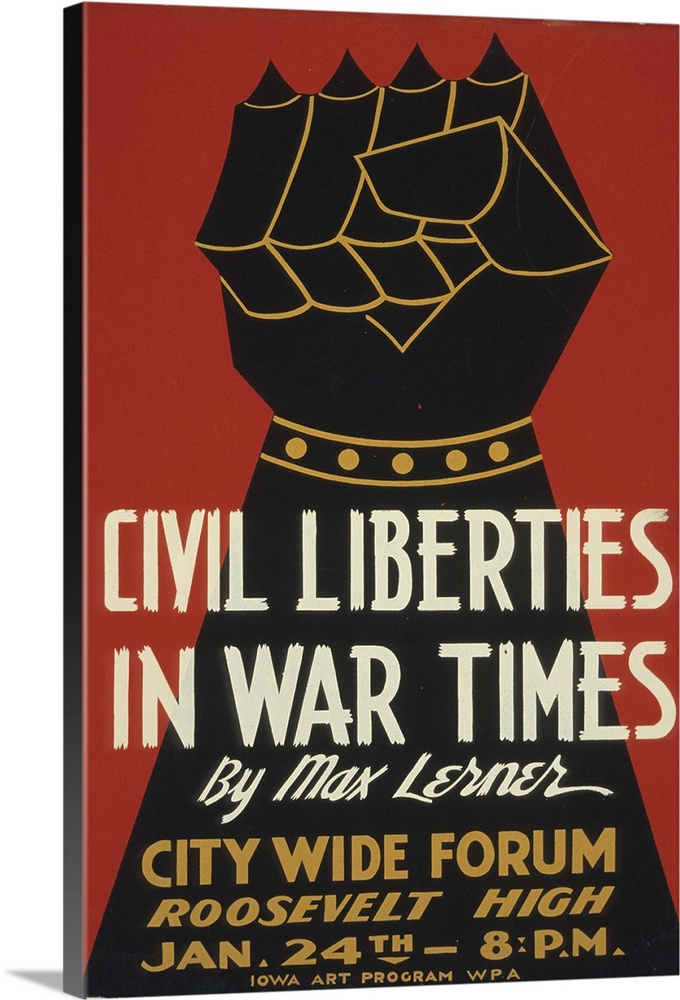 Artwork for a lecture by Max Lerner at Roosevelt High, Des Moines, Iowa, showing an armored guantlet clenched in a fist.