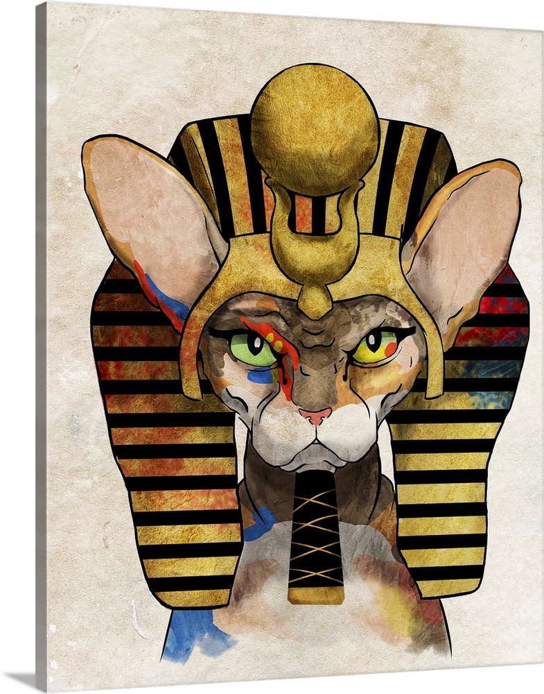 Pop art of a Sphinx cat wearing an Ancient Egyptian headdress.