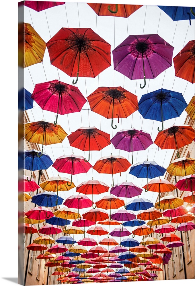 Photograph of the colorful umbrellas hanging in Southgate Shopping Centre in Bath, England, UK.