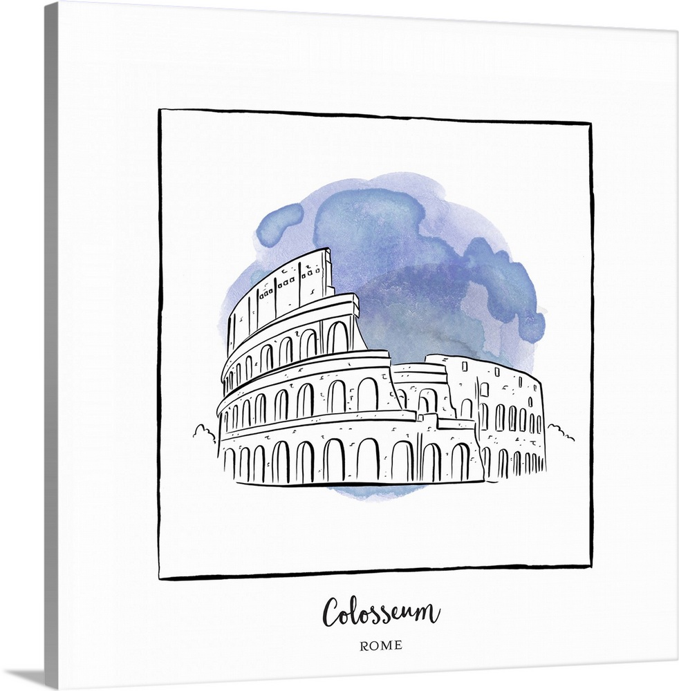 An ink illustration of the Colosseum in Rome, Italy, with a blue watercolor wash.