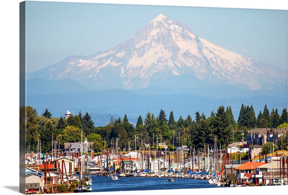 View of a marina in Columbia River with Mount Hood in the background, Portland, Oregon.