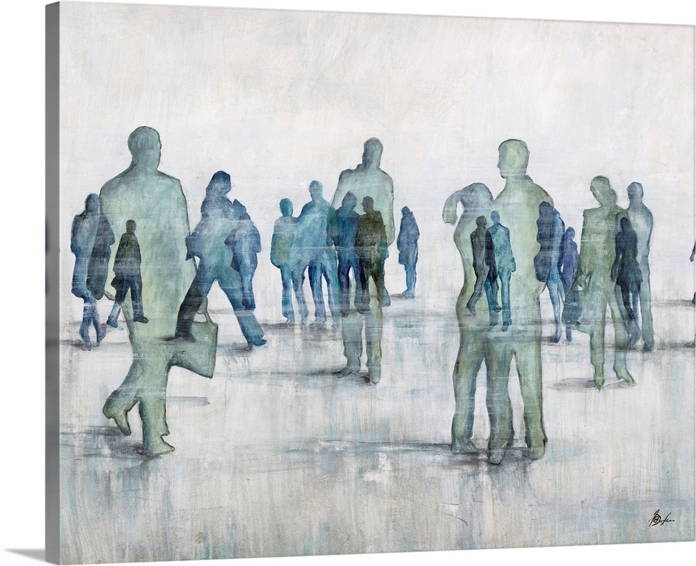 Contemporary painting of transparent figures in cool tones gathering.