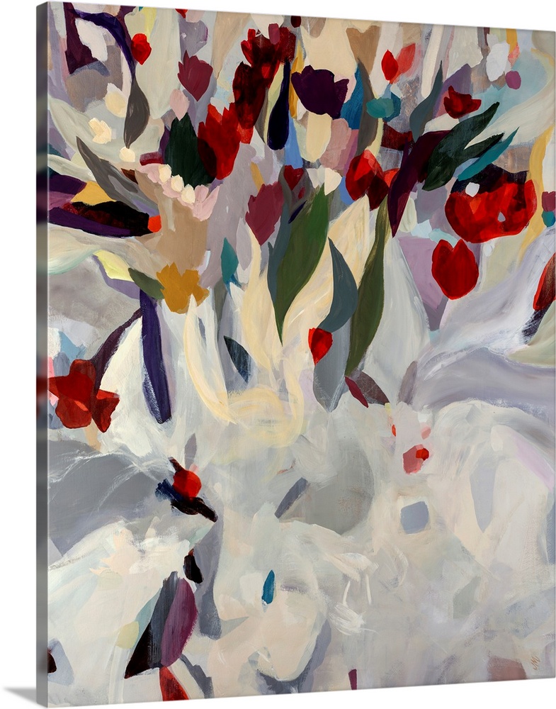 Large abstract modern painting of a uniquely arranged bouquet of blooming flowers. Vibrant tones in flowers at the top con...
