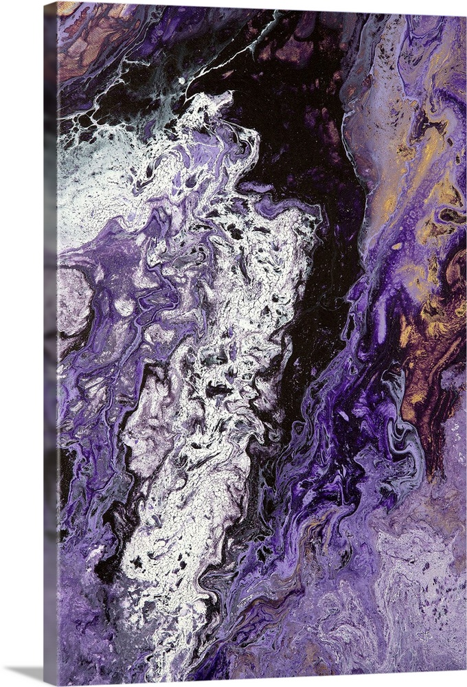 Abstract contemporary painting in black, white and purple tones, in a marbling effect.