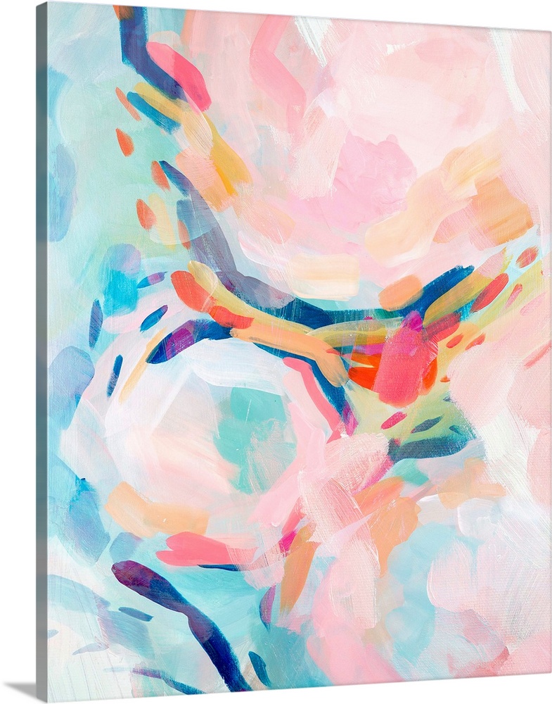 Contemporary abstract painting in yellow, teal, and pink.