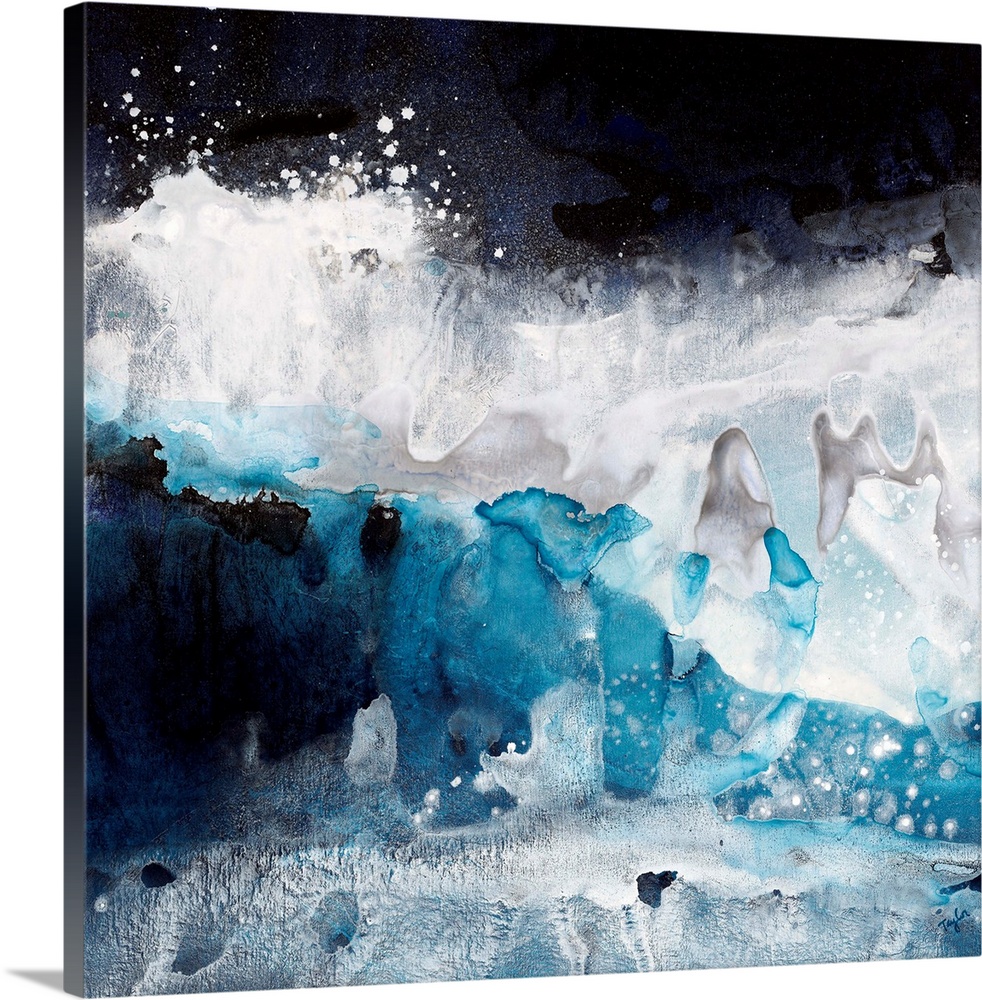 Contemporary abstract painting of what looks like crashing blue and white waves of ocean water.