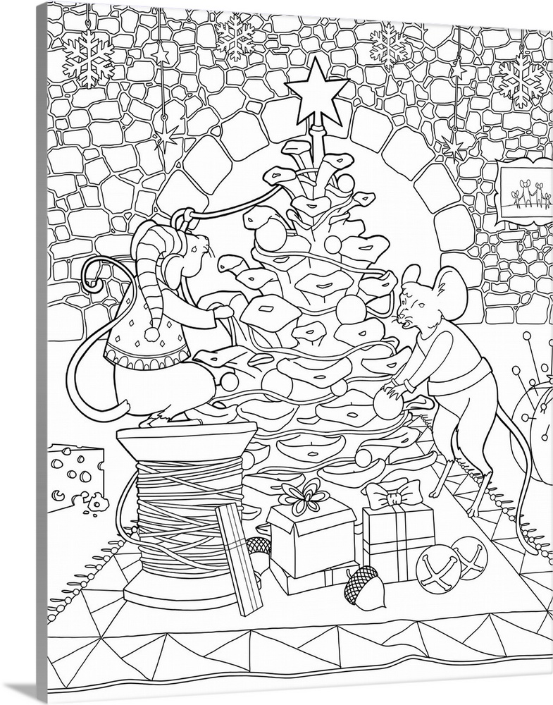 Graphic holiday art in black and white of mice decorating a pine cone Christmas tree.