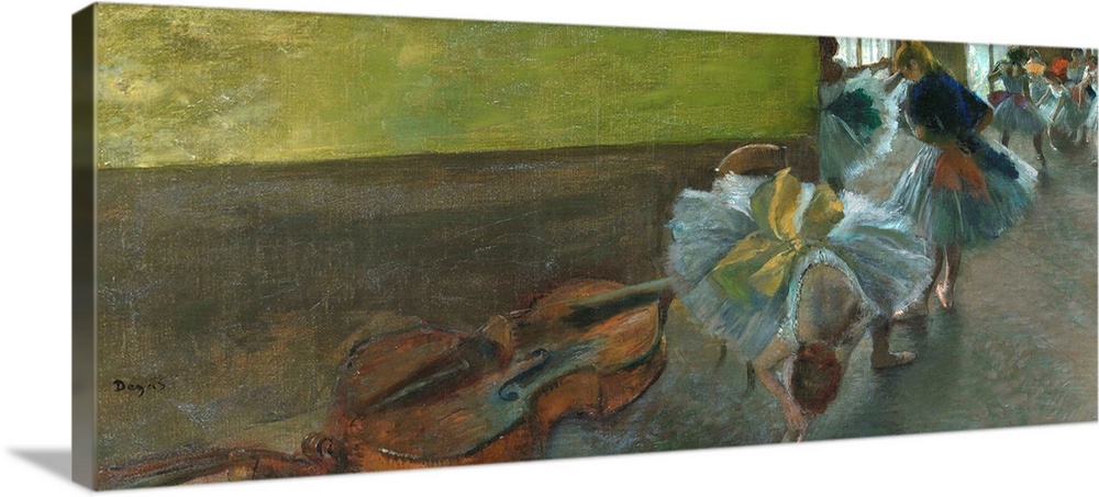 Degas used an elongated frieze format for more than forty rehearsal scenes made over the course of two decades. This is on...